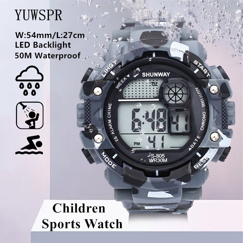 50 متر مقاوم للماء الأطفال الرياضة الإلكترونية ساعة السباحة LED الخلفية التمويه الأخضر الساعات الرقمية للطلاب الصبي هدية 805