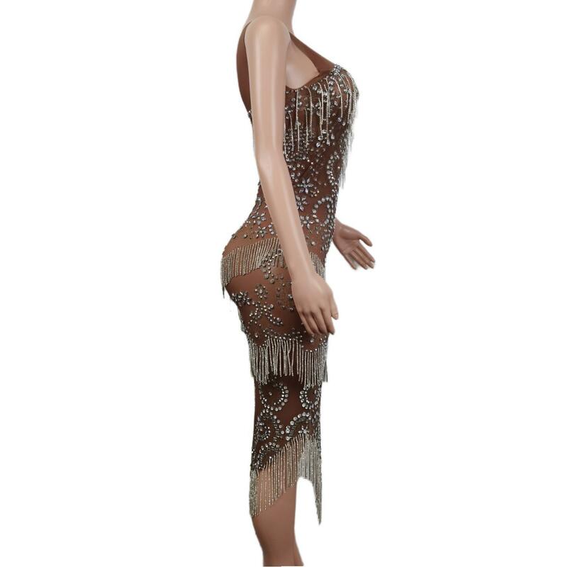 المرأة الساطع حجر الراين سلسلة فستان رقص مثير شبكة منظور كريستال يوتار المغني راقصة مرحلة ارتداء ملهى ليلي فستان الحفلات