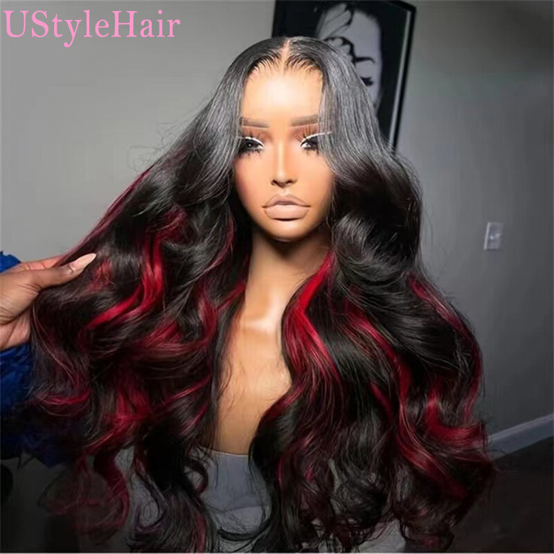 UStyleHair-شعر مستعار مموج للجسم الأسود مع الضوء الأحمر ، مقاوم للحرارة ، دانتيل اصطناعي أمامي ، خط شعر طبيعي ، دانتيل أمامي ، استخدام يومي