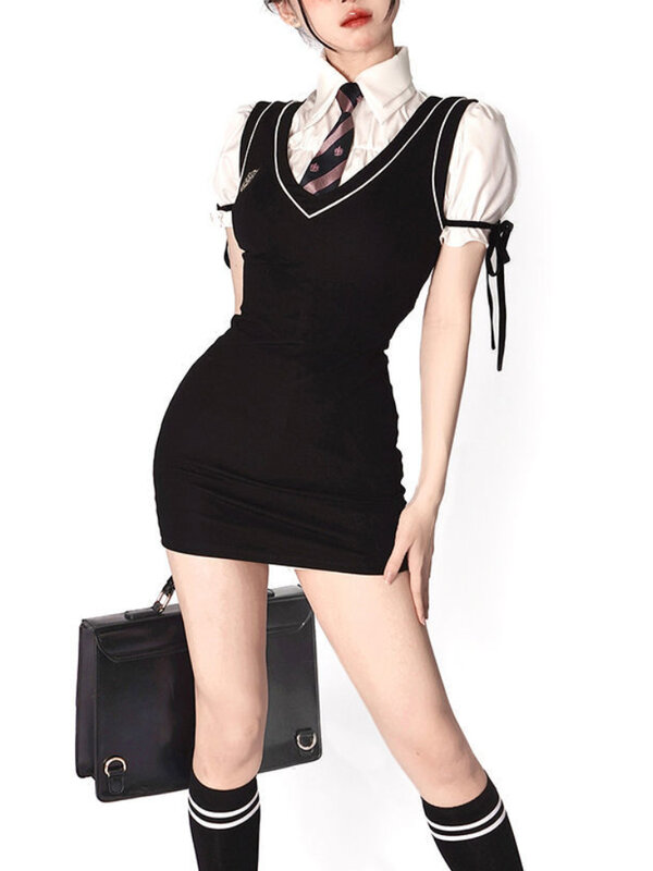 هوتشو نمط Preppy سترة ثوب المرأة قطعتين مجموعة لطيف مثير الكورية نفخة كم قميص أسود سليم فستان قصير الزي المدرسي