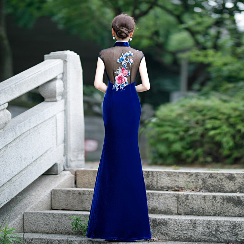 حورية البحر النسائية تقسيم شيونغسام الصينية ، مثير الرجعية المخملية فستان تشيباو ، أنيقة طويلة الأداء زي ، مشروط عرض ، زائد حجم 5XL