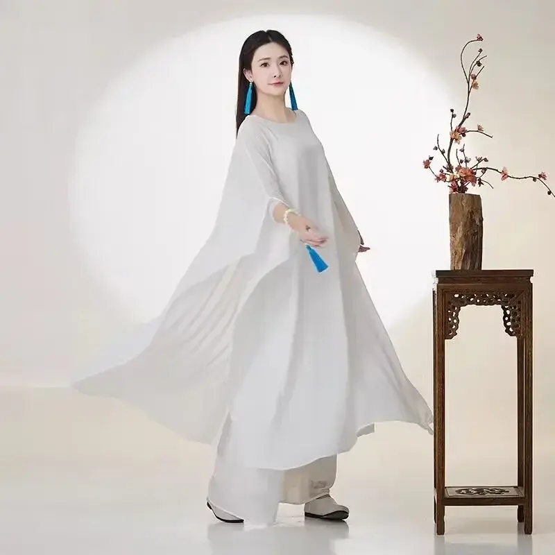 بدلة زي رقص زن أبيض ، زي أداء ، فستان تأمل ، طقم سراويل ، على الطراز الصيني