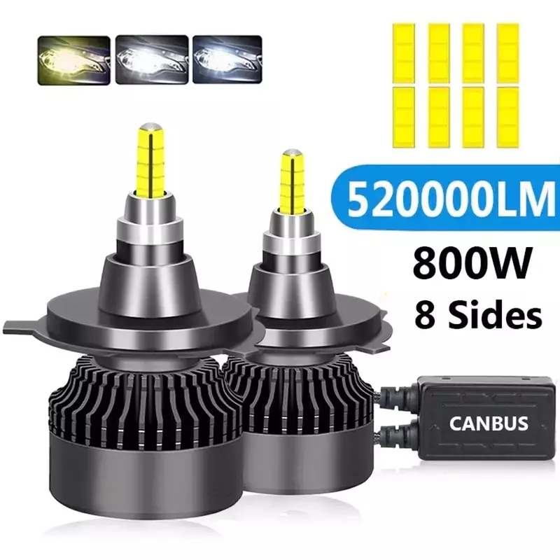 مصباح الضباب الأمامي LED للسيارة ، 360 في Canbus ، 12 فولت ، 520000LM ، 800 واط ، H4 ، H11 ، 9012 ، H7 ، H1 ، H3 ، H8 ، D1S ، D2S ، 4300K ، HB3 ، 9005, HB4, 9006, 6000K, 2 قطعة