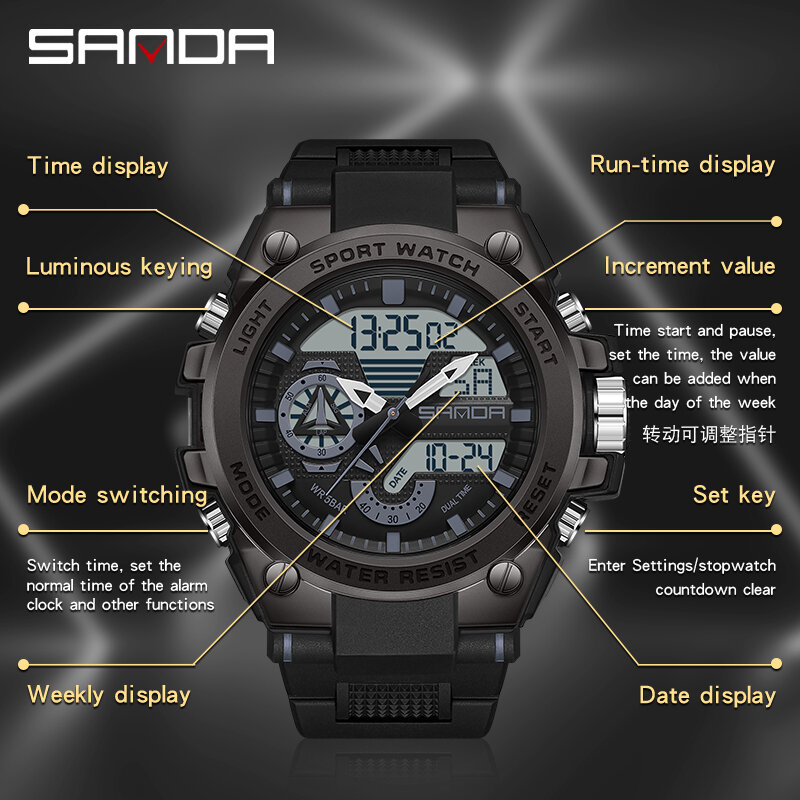 Sanda ساعة معصم وضع إنذار للرجال في الهواء الطلق ، تصميم رائع ، وظائف متعددة ، المراهقين ، موضة نموذج جديد ، 3302 ، 2023