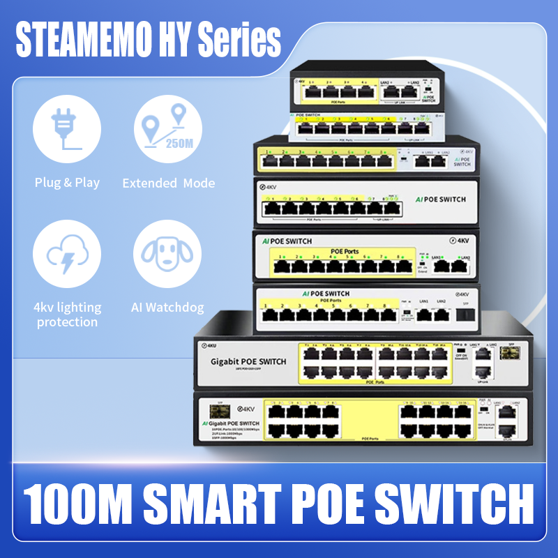 STEAMEMO-POE التبديل SFP للكاميرا IP ، AP اللاسلكية ، نظام كاميرات الدوائر التلفزيونية المغلقة ، والتبديل إيثرنت ، HY سلسلة ، 4 ، 6 ، 8 ، 16 منفذ