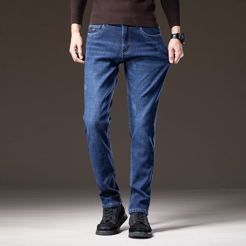 2022 شتاء جديد الرجال ماركة الحرارية الجينز الكورية نمط سليم مستقيم المخملية سراويل جينز سميكة عالية الجودة سراويل تقليدية سوداء