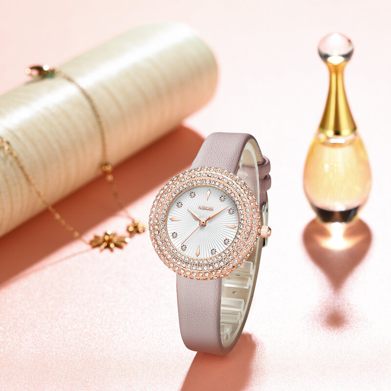 ساعة يد كوارتز نسائية من NIBOSI مع حجر الراين ، حزام جلدي ، ساعة نسائية ، هدية فاخرة ، موضة