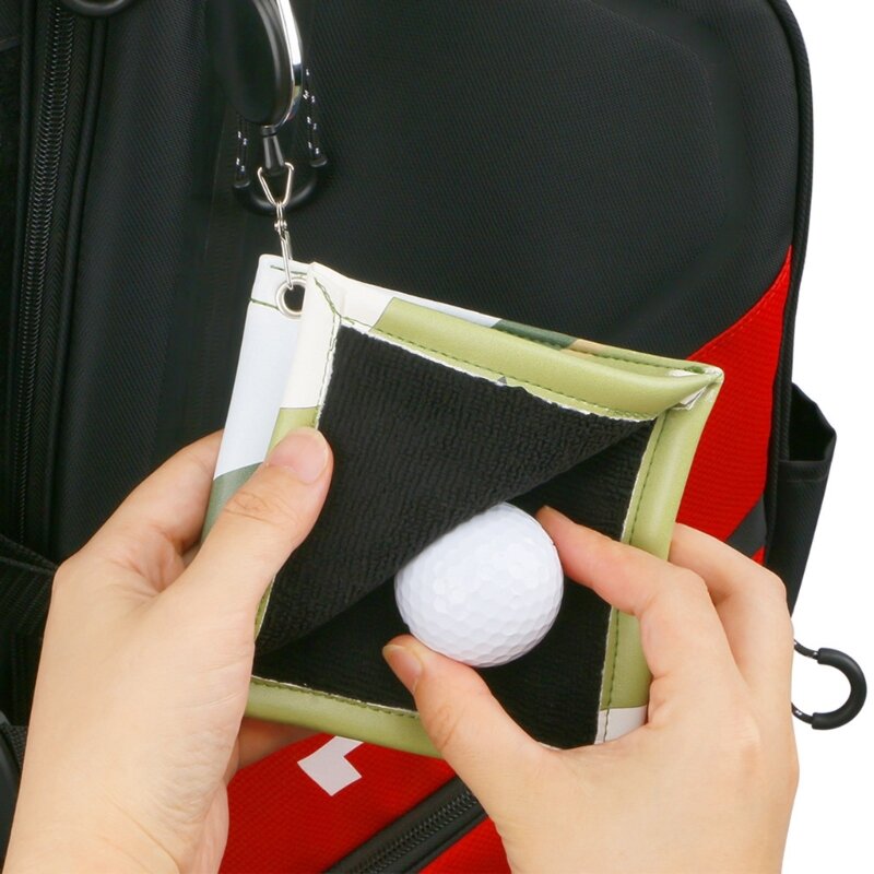 G92F مربع كرة جولف تنظيف منشفة مع سلسلة مفاتيح قابلة للسحب مشبك كرة جولف صغيرة نادي رئيس نظافة مسح القماش دائم