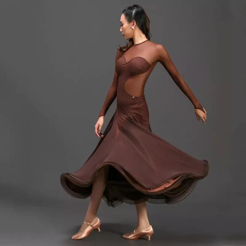 فساتين الرقص الحديثة القياسية الوطنية للمرأة ، فستان لاتيني شبكي ، ملابس رقص أداء قاعة الرقص ، ملابس ممارسة