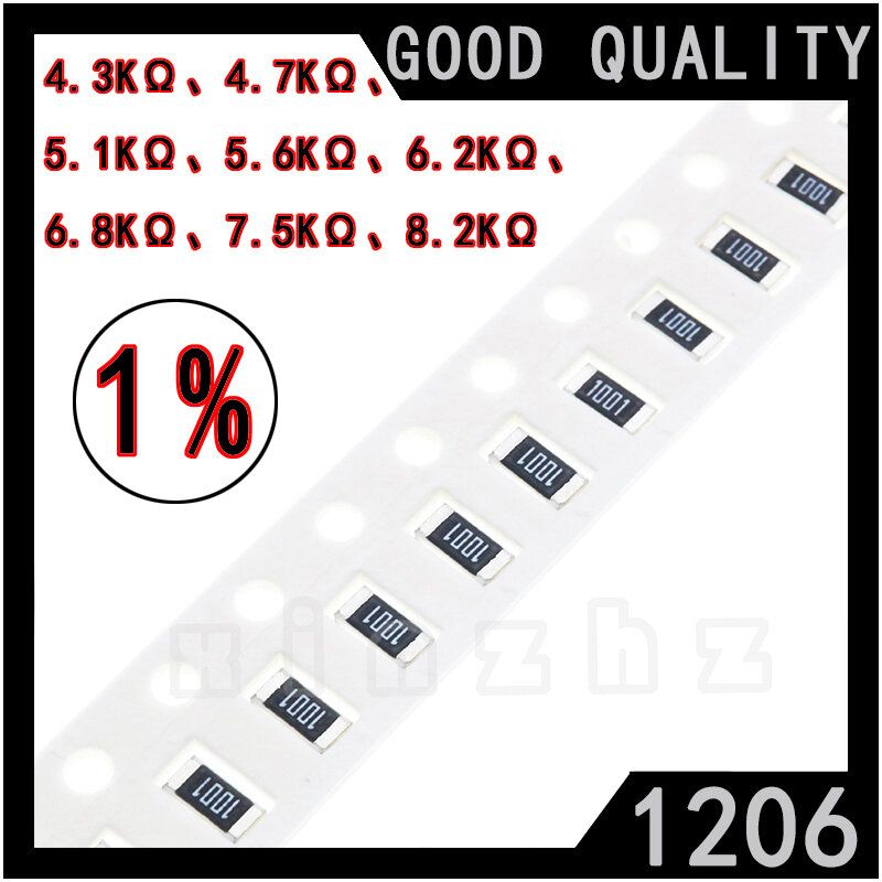 سمد 1206 رقاقة المقاوم ، 1% عالية الدقة ، مقاومة ثابتة ، 4.3KΩ ، 4.7KΩ ، 5.1KΩ ، 5.6KΩ ، 6.2KΩ ، 6.8KΩ ، 7.5KΩ ، 8.2K أوم ، 0.25 واط ، 100 قطعة