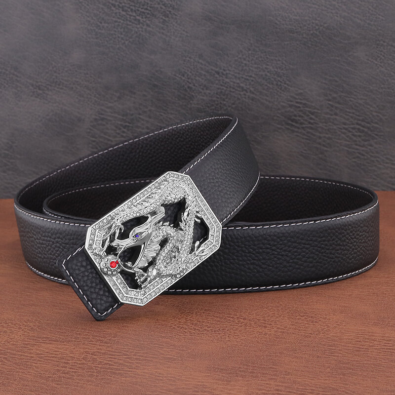جلد طبيعي حزام الرجال الفاخرة مصمم عالية الجودة موضة رائعة التنين الصيني السلس مشبك ل حزام Ceinture أوم