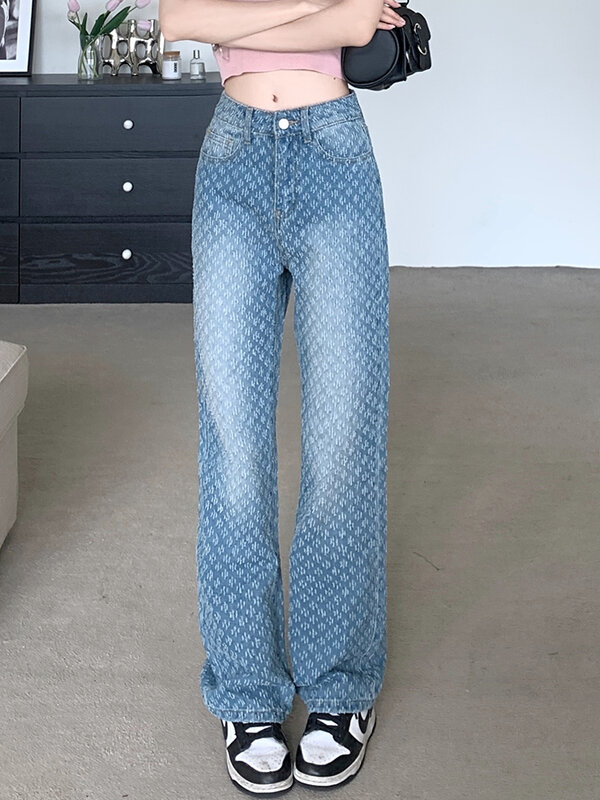 جينز نسائي واسع الساق بتصميم كلاسيكي بخصر عالٍ سروال دينم أزرق فاتح غير رسمي فضفاض بناطيل نسائية