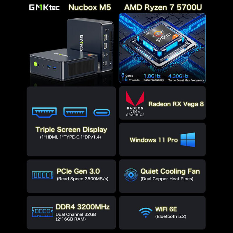 كمبيوتر صغير GMKtec مع رسومات NUCBOX rudeon ، GMK M5 ، AMD Ryzen 7 5700U ، Counts Core ، 11 Pro ، WiFi ، 6E ، Slot× 2 ، Max 64GB