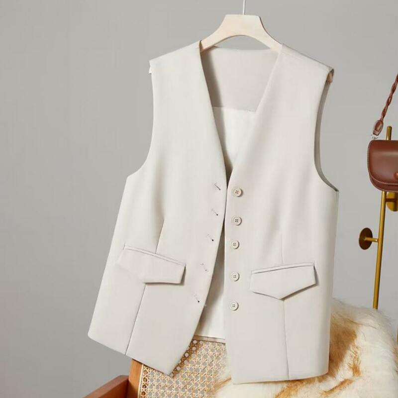 معطف بدلة وسترة نسائية بتصميم تخفيف للأعمال ، صدرية بلا أكمام ، صدرية أحادية الصدر ، رقبة حرف V ، أحادية اللون