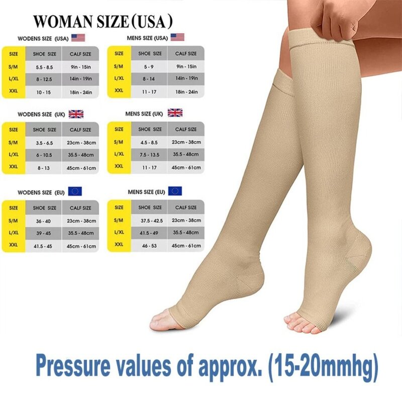 جوارب ضغط طبية مفتوحة الأصابع للنساء والرجال ، أسود ، ضغط عالي في الركبة ، رياضية ، S ، M ، L ، XL ، XXL