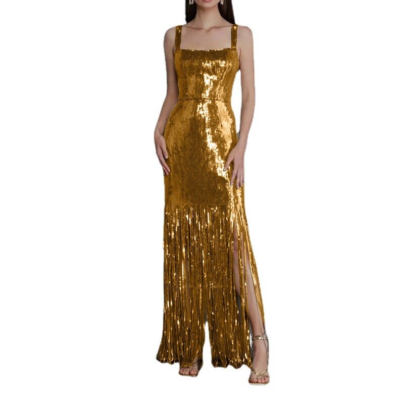 فستان نسائي مثير مزين بالترتر فستان طويل أنيق ذهبي فستان طويل منقسم بالترتر بلا أكمام مناسب للحفلات المسائية في الربيع
