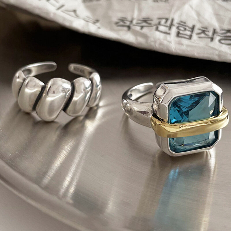 925 فضة الأزرق الزركون خواتم الخطبة للنساء الأزواج Vintage اليدوية غير النظامية هندسية مجوهرات هدايا الحفلات