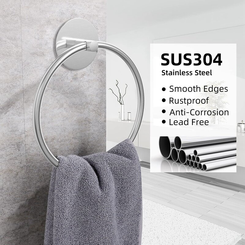 HLZS-رف منشفة الحمام الفولاذ المقاوم للصدأ ، حامل منشفة اليد المثبتة على الحائط ، حلقة لاصقة