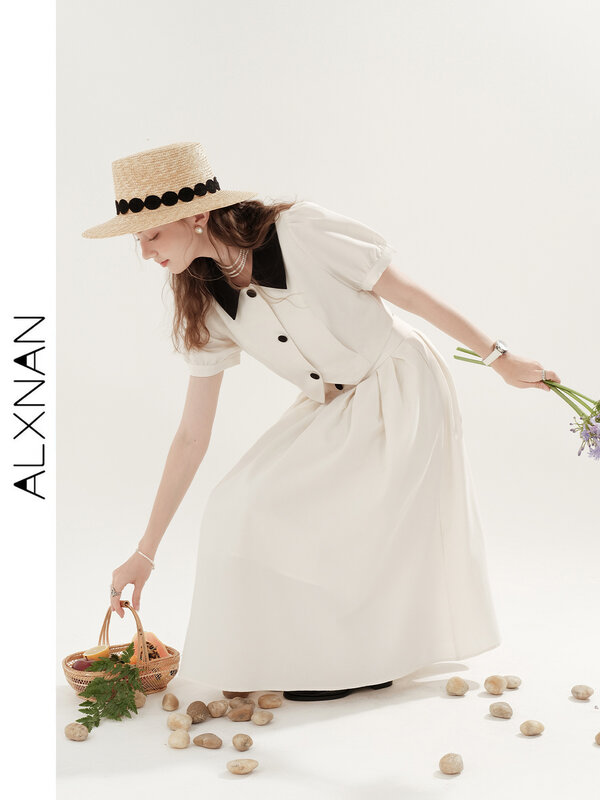 ALXNAN-قميص نسائي وبدلة فستان ، خصر فضفاض ، سترة صواني على الخطوط ، طية صدر ، فساتين بطول الكاحل للإناث ، صيف فرنسي ، TM00105 ، 24