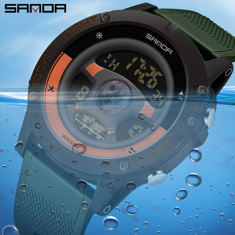 Sanda 9024 ساعة رجالية بتصميم عجلة القيادة ، متعددة الوظائف ، الرياضة في الهواء الطلق ، المنبه ، 5bar ، مقاوم للماء ، رقمي