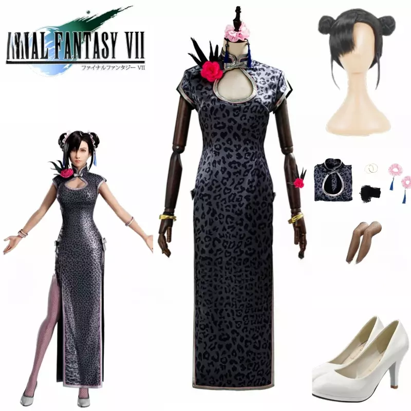زي تنكري للنساء Fantasy VII Remakes Tifa Lockhart ، زي لعبة ، تنورة وشعر مستعار مخصص ، شيونغسام ، عيد الهالوين والكرنفال