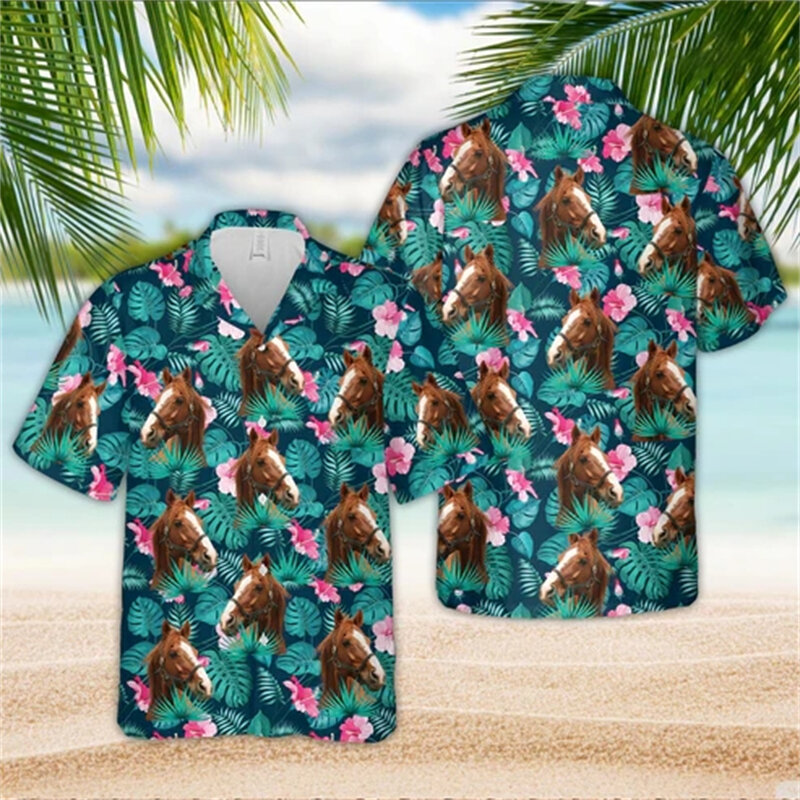 قمصان شاطئية ثلاثية الأبعاد للرجال ، بلوزة قصيرة الأكمام بطية صدر دب ، قمم أزرار هاواي للأولاد ، ملابس حيوانات مضحكة ، بقرة