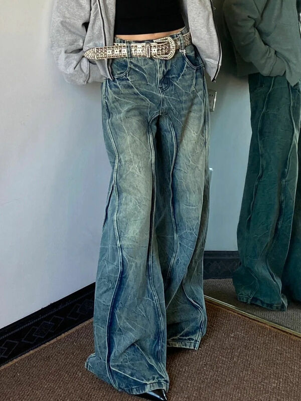 جينز نسائي كاجوال كلاسيكي مستقيم ، بنطال فضفاض مستقيم ، ساق واسعة ، تصميم غير منتظم ، ربط منحني ، عام 2k