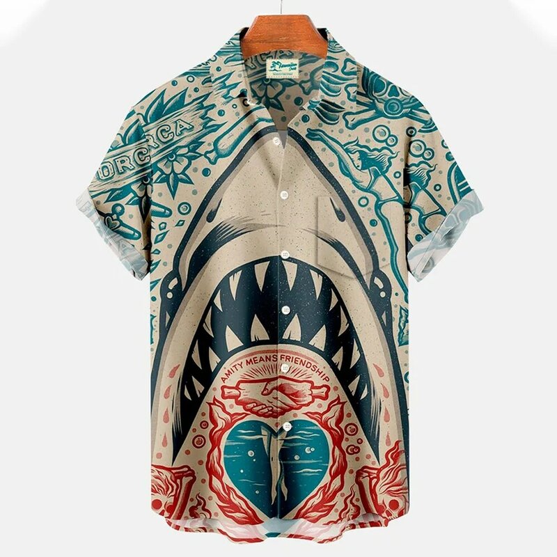 جديد الرجال قمصان ثلاثية الأبعاد الحيوان طباعة الملابس زر الموضة قصيرة الأكمام التلبيب الشارع الشهير قميص للرجال هاواي القرش بلوزة التي شيرت