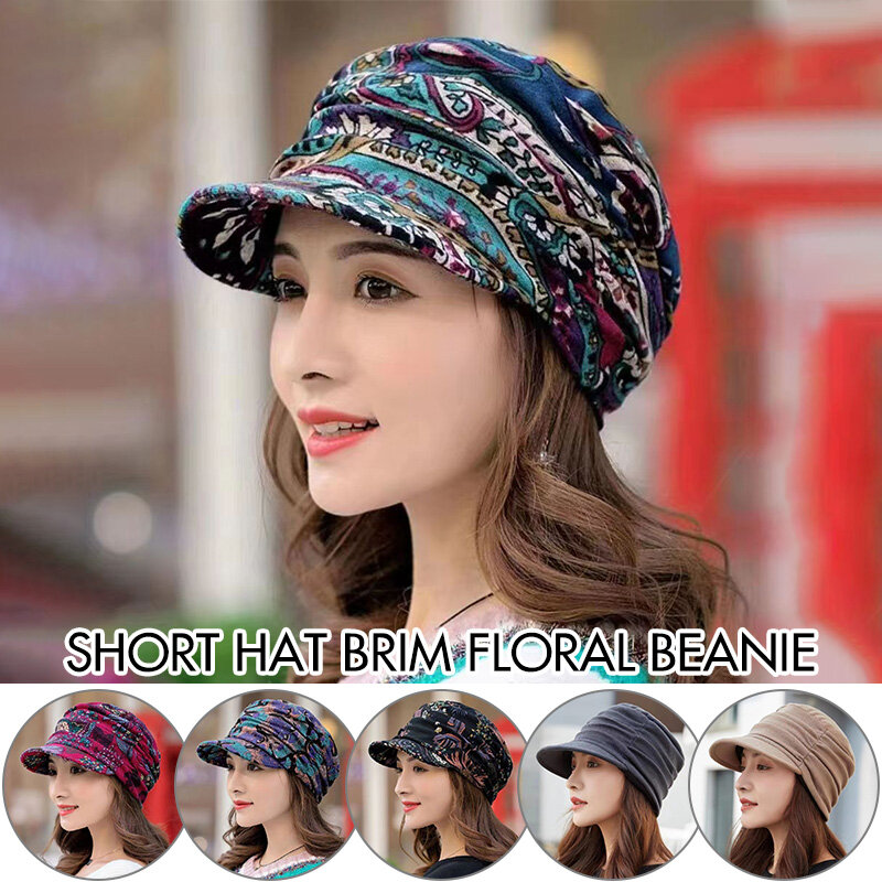Women Short-brimmed Floral Printed Hat Winter Warm Baggy Beanie Ski Slouch Head Scarf Turban Chemo Cap
