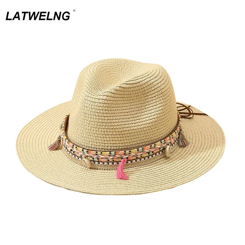 2022 أنيقة شرابة قبعات الشاطئ للنساء عطلة القبعات السيدات قبعة الشمس الصيف قبعات من القش UV حماية طوي السفر قبعة