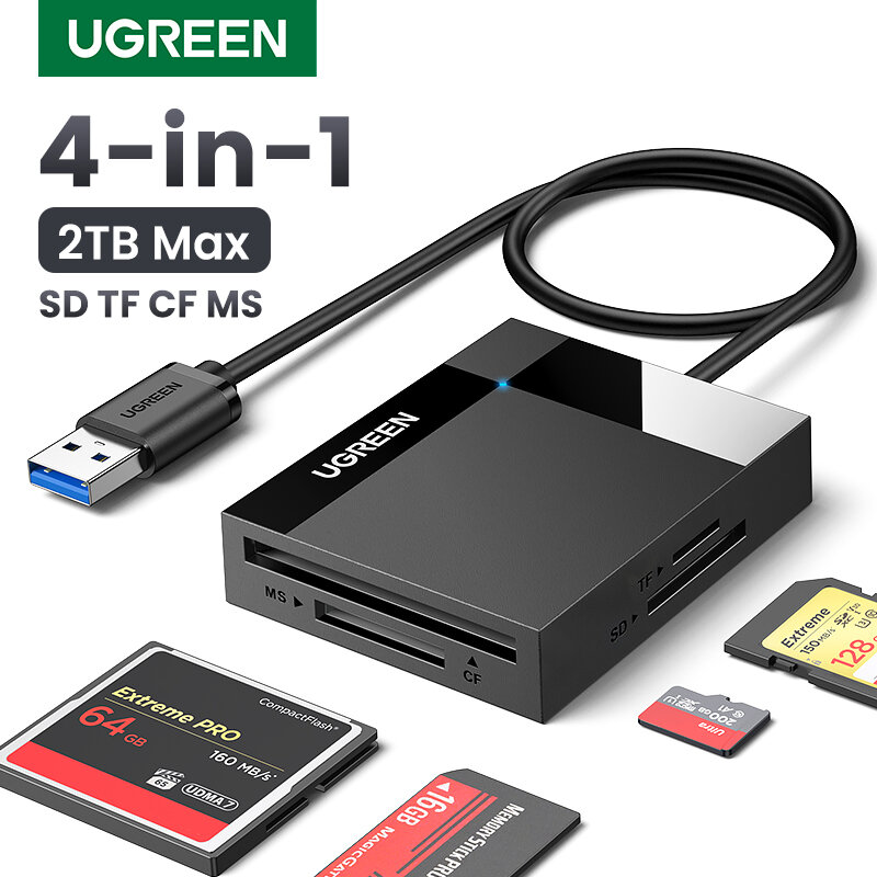 UGREEN قارئ بطاقة 4 في 1 USB3.0/USB-C SD مايكرو SD TF CF MS المدمجة فلاش بطاقة محول لأجهزة الكمبيوتر المحمول متعددة OTG قارئ البطاقة الذكية