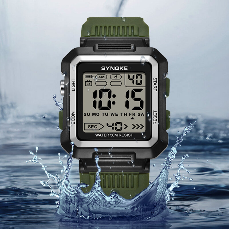 SYNOKE-ساعة مربعة مقاومة للماء للرجال ، قرص كبير ، مضيئة ، رياضية ، للذكور