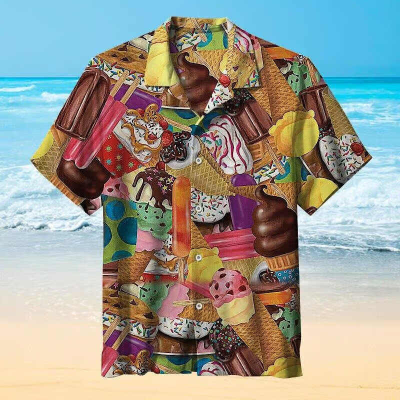 قمصان هاواي كبيرة الحجم للرجال الآيس كريم ، طباعة ثلاثية الأبعاد ، بلوزة الشاطئ ، قمم قصيرة الأكمام ، طية صدر السترة ، عطلة ، الصيف ، الموضة