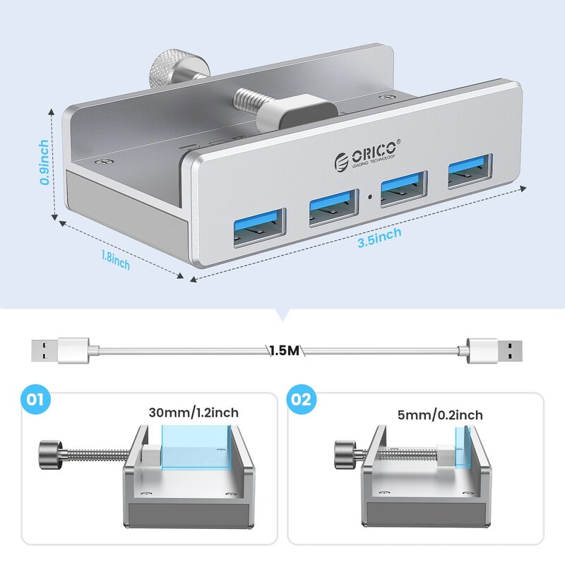 ORICO MH4PU الألومنيوم 4 منافذ USB 3.0 كليب من نوع محور لسطح المكتب المحمول كليب المدى 10-32 مللي متر مع 150 سنتيمتر تاريخ كابل-الفضة