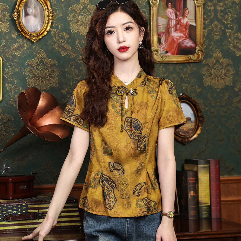 Miiiix-قميص مطبوع على الموضة الصينية للنساء ، بلوزة بأكمام قصيرة ، تناسب الجسم ، ملابس نسائية ، صيف ، جديد ، راقي ،
