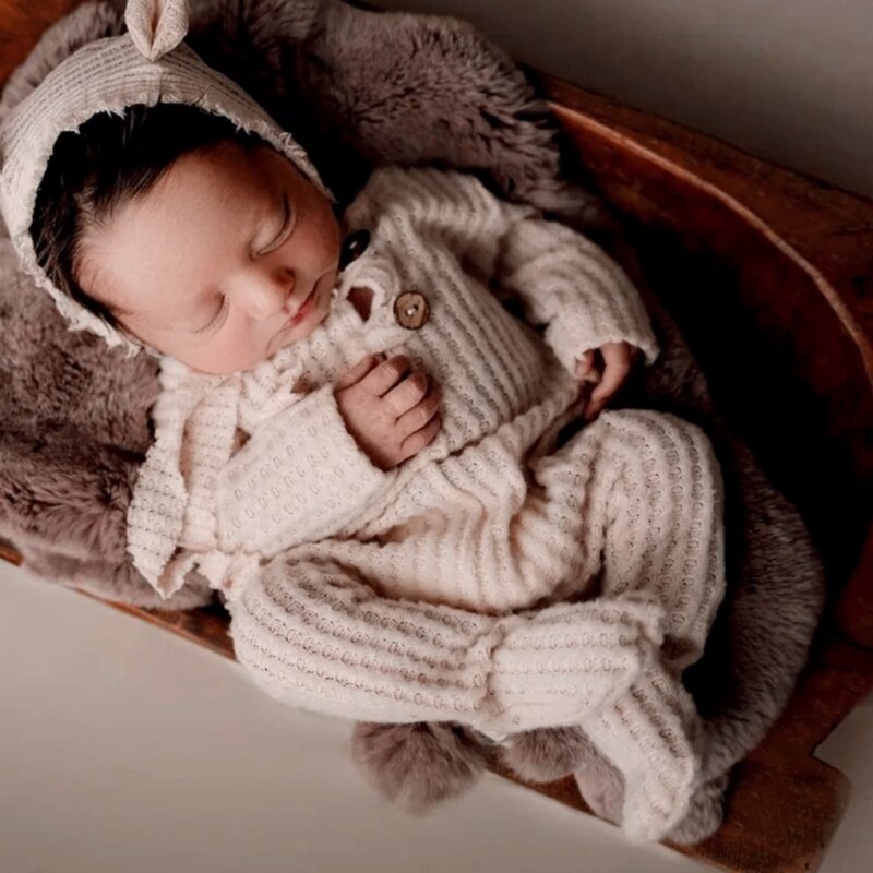 الرضع التصوير الدعائم محبوك طويلة الأكمام بذلة فوتوستوديو الانتحال ارتداء الطفل القدمين رومبير الوليد دش هدية