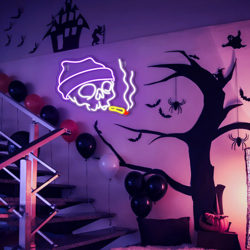 مصباح LED USB مع جمجمة تدخين ، لافتة نيون ، هيكل عظمي إبداعي ، ديكور جدار الغرفة ، حفلة مهرجان الهالويين ، شعار غرفة النوم ، جدار فني