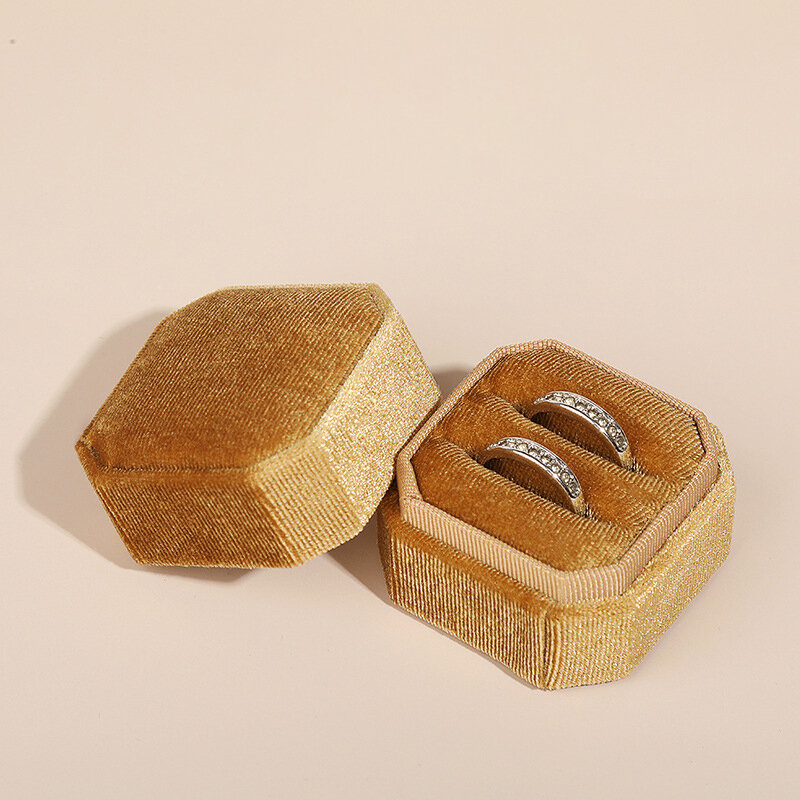 مثمن مربع المخملية صندوق خاتم مزدوج مع غطاء قابل للانفصال خمر خواتم حامل لزفاف الخطوبة اقتراح