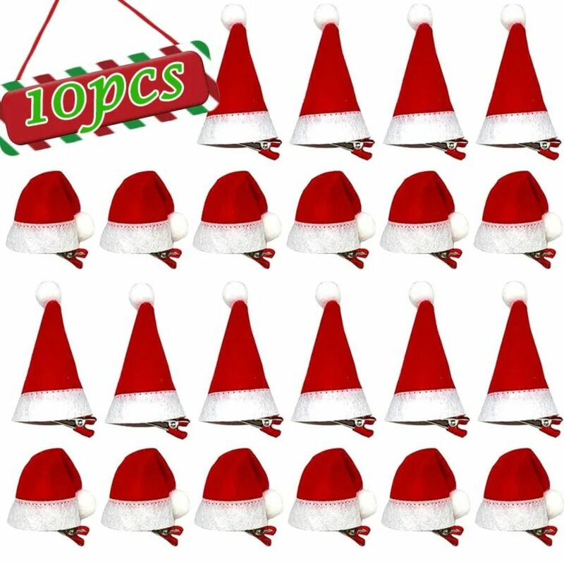 مقاطع الشعر اليدوية عيد الميلاد ، قبعة سانتا الصغيرة ، دبابيس الشعر الحمراء ، قبعة عيد الميلاد ، 10 قطعة