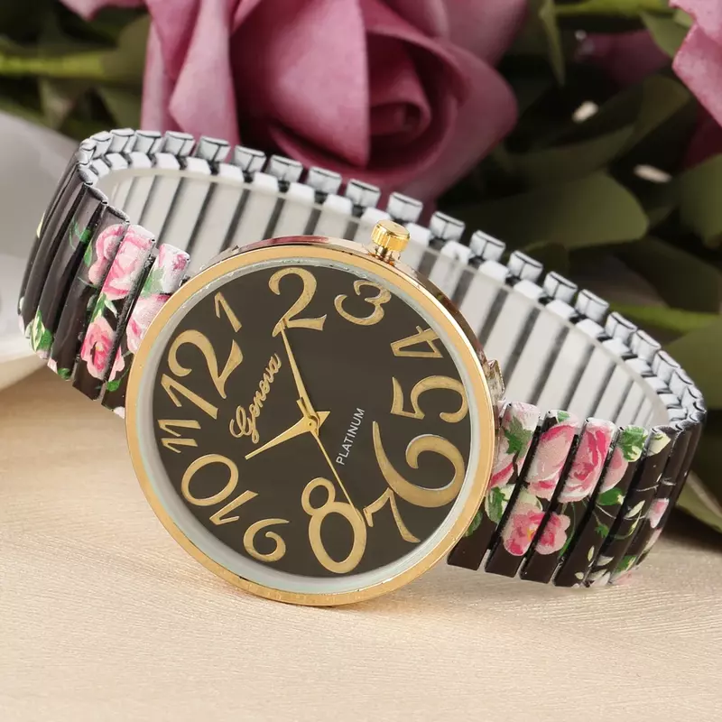 ساعة كوارتز نسائية عصرية ذات عدد عربي كبير ساعة يد نسائية فريدة من نوعها حزام مطبوع مرن ساعات بنات Reloj Mujer