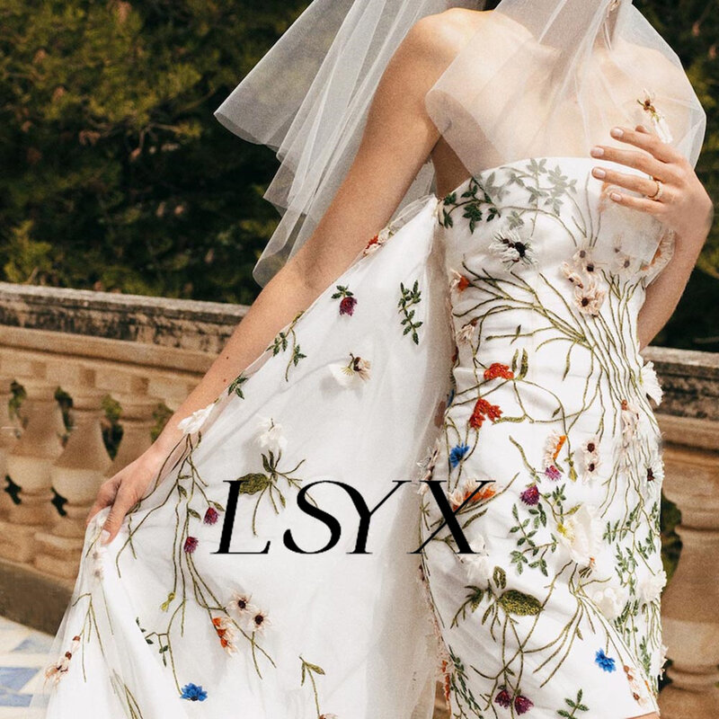 فستان زفاف صغير مطرز من LSYX-Flower ، غمد بدون حمالات ، قطار محكمة قابل للفصل ، فوق الركبة ، ثوب زفاف قصير ، مصنوع خصيصًا