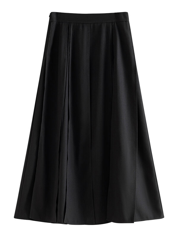 FSLE-تنورة سوداء على الخطوط على الطراز الصيني للنساء ، تصميم عالي الخصر ، تنورة محسنة على وجه الحصان ، أنثى ، جديدة ، 24FS11035 ، ربيع