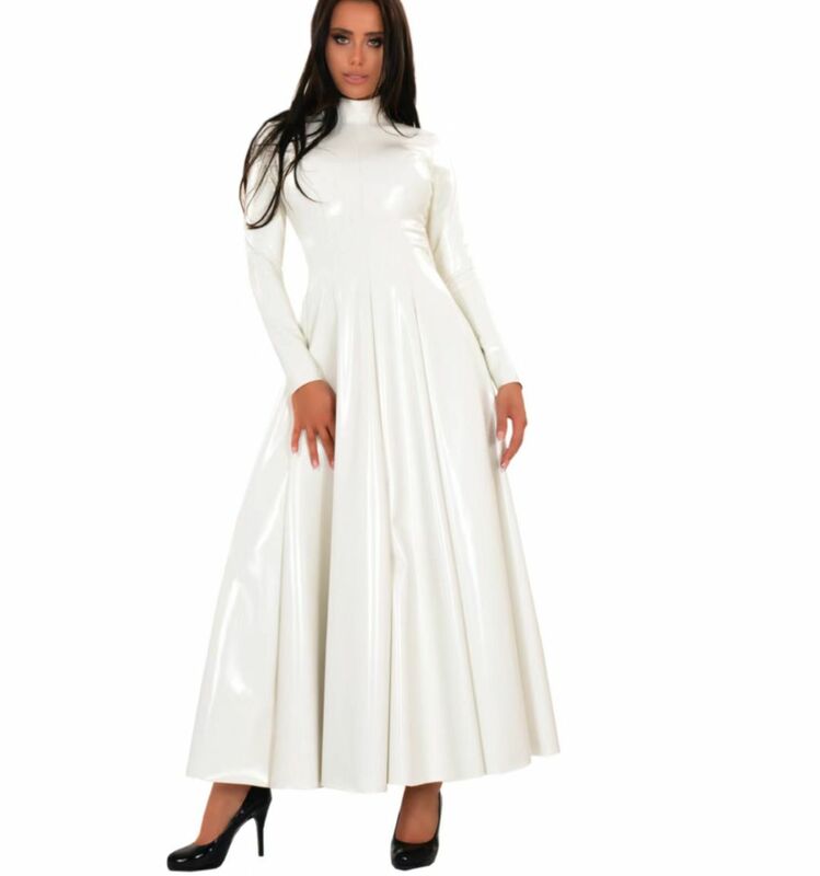 المرأة بو كم طويل فستان ماكسي ، فو اللاتكس المعلقات ، طول الكلمة ، عالية الرقبة ، بك ، براءات الاختراع والجلود ، ضئيلة ، مخصص كلوبوير