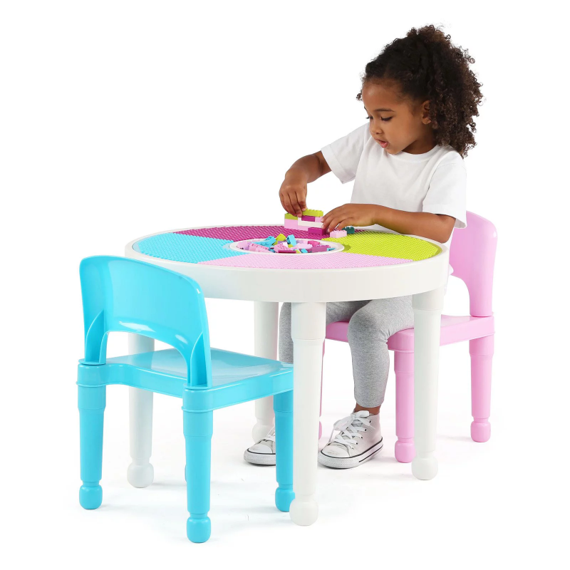 طاولة أنشطة بلاستيكية 2 في 1 للأطفال ومجموعة 2 كراسي ، مستديرة ، بيضاء ، زرقاء وزرقاء مكتب المدرسة وكرسي