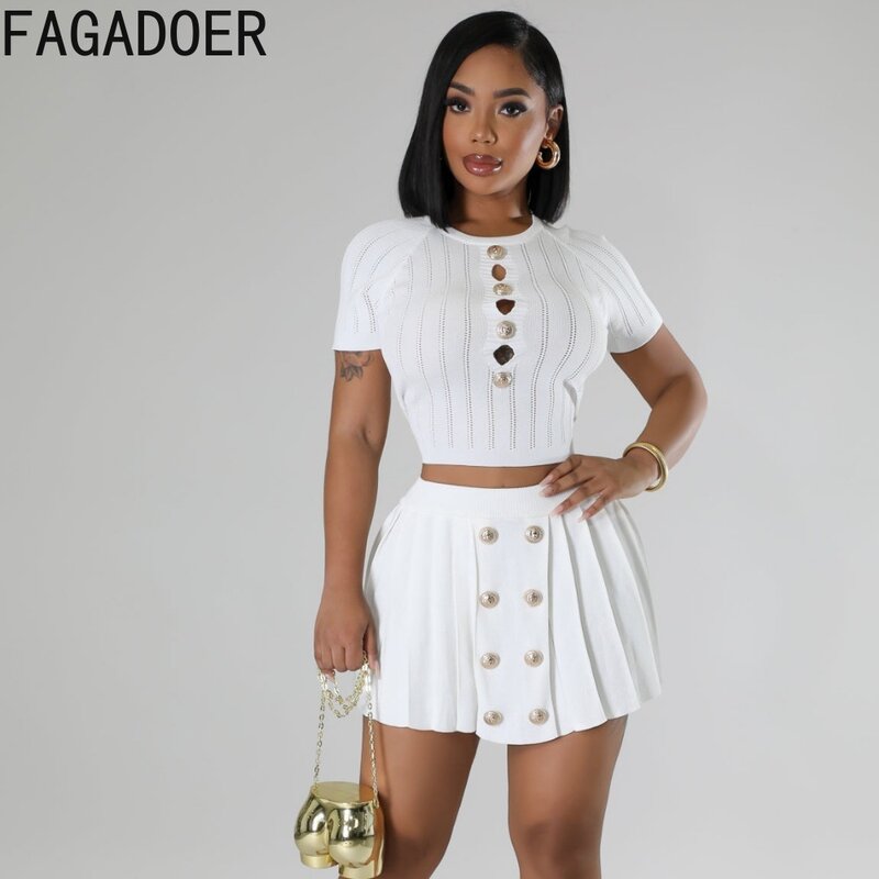 Fagadoer-بلوزة قصيرة وتنورات ذات ثنيات صغيرة للنساء ، طقم من قطعتين ، رقبة مستديرة ، أكمام قصيرة ، حياكة مجوفة ، الموضة