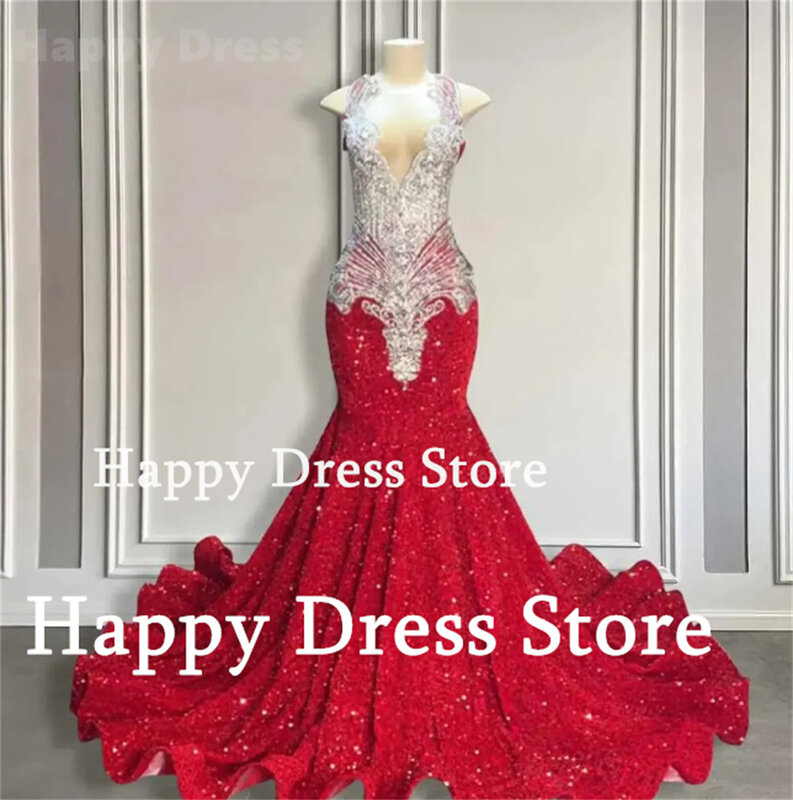 فستان سهرة أحمر مثير بالسعادة ، رقبة حرف V ، بدون أكمام ، الخرز ، الترتر ، نمط حورية البحر ، الترتر ، فستان الكوكتيل ،