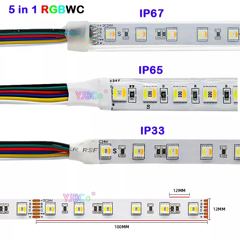 شريط LED عالي السطوع ، RGBCCT ، درجة حرارة اللون ، شريط SMD ، 60 ، 96 ليد لكل متر ، العاصمة 12 فولت ، 24 فولت ، RGB + CW ، WW ، 5 في 1 ، 5 متر
