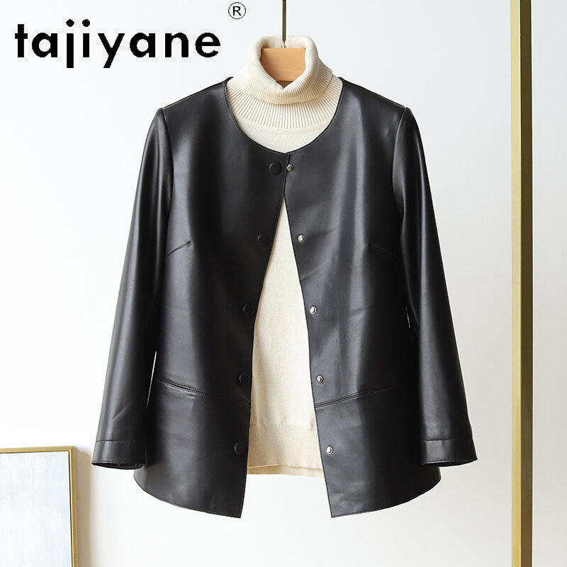 Tajiyane-سترة جلدية أصلية للنساء معطف أنيق ، رقبة مستديرة ، جلد الغنم الحقيقي ، ملابس فضفاضة جديدة ، الربيع والخريف ،