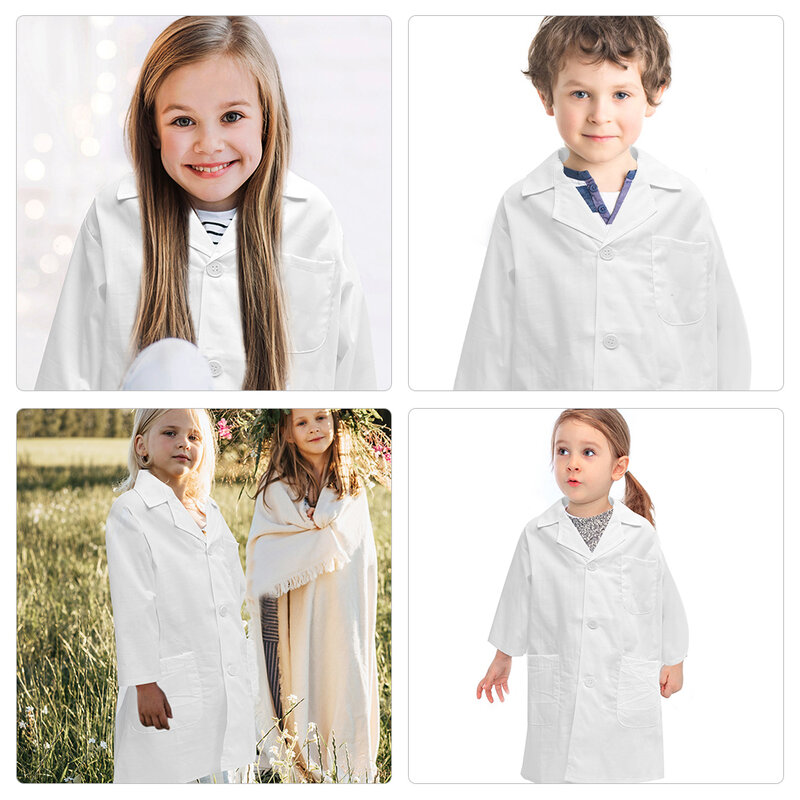 معطف معمل للأطفال بأكمام طويلة ، زي طبيب علم للأطفال الصغار ، ياقة طية صدر ، ملابس جيب بأزرار ، أزياء تنكرية للأطفال ، بيضاء