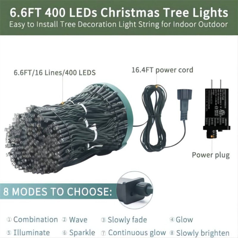 أضواء شجرة عيد الميلاد مع وظيفة الموقت ، التثبيت السريع للخارجية وداخل المنزل ، 8 طرق ، 400 المصابيح ، 5000K 6.6ft x 16 قطرة